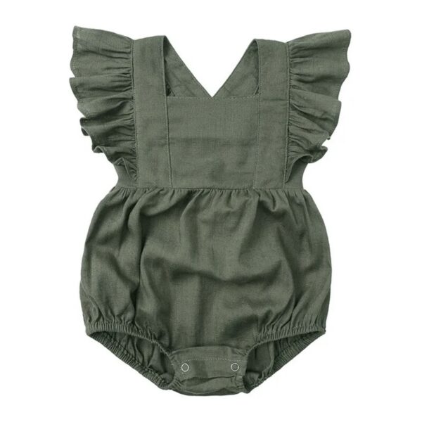 Linen Ruffle Romper - Olive Our adorable baby linen ruffle romper, the perfect addition to your little one's wardrobe! Made from high-quality linen, cotton materials, this romper is both soft and comfortable for your baby's delicate skin, while also being breathable enough for everyday wear. Featuring a charming ruffle design, this romper is both stylish and cute, making it perfect for any occasion. Whether it's a family gathering or a day out with friends, your little one will look absolutely adorable in this romper. This romper features a convenient snap closure at the bottom, making nappy changes easy. The versatile cross or straight back design makes it perfect for warmer weather, and it can easily be layered with long sleeves and tights for cooler temperatures. Available in a variety of colors and sizes at Ash. The Label, our baby linen ruffle romper is the perfect choice for parents who want to dress their little one in style and comfort. So why wait? Order yours today and give your baby the gift of style and comfort! Care 70% Cotton 30% Linen Gentle Machine wash in garment bag Warm Iron Warm tumble try