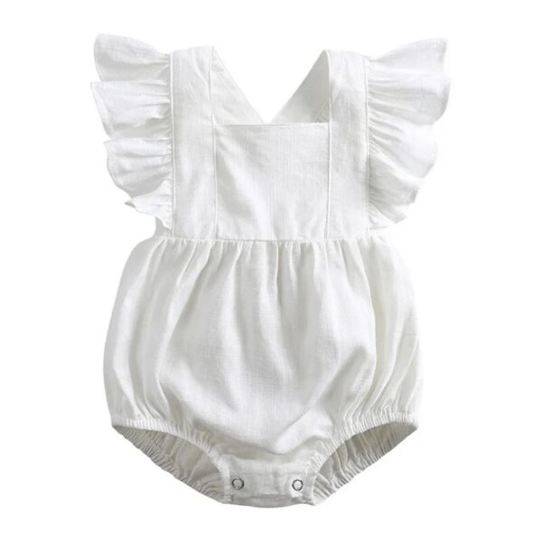 Linen Ruffle Romper - White Our adorable baby linen ruffle romper, the perfect addition to your little one's wardrobe! Made from high-quality linen, cotton materials, this romper is both soft and comfortable for your baby's delicate skin, while also being breathable enough for everyday wear.