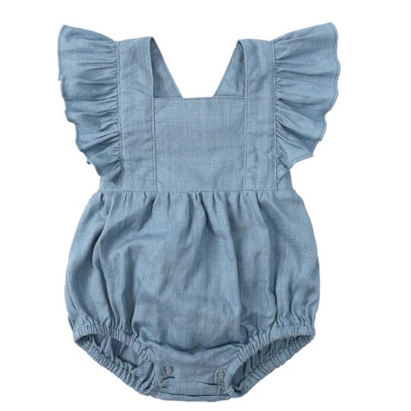 Linen Ruffle Romper - Blue Our adorable baby linen ruffle romper, the perfect addition to your little one's wardrobe! Made from high-quality linen, cotton materials, this romper is both soft and comfortable for your baby's delicate skin, while also being breathable enough for everyday wear. Featuring a charming ruffle design, this romper is both stylish and cute, making it perfect for any occasion. Whether it's a family gathering or a day out with friends, your little one will look absolutely adorable in this romper. This romper features a convenient snap closure at the bottom, making nappy changes easy. The versatile cross or straight back design makes it perfect for warmer weather, and it can easily be layered with long sleeves and tights for cooler temperatures. Available in a variety of colors and sizes at Ash. The Label, our baby linen ruffle romper is the perfect choice for parents who want to dress their little one in style and comfort. So why wait? Order yours today and give your baby the gift of style and comfort! Care 70% Cotton 30% Linen Gentle Machine wash in garment bag Warm Iron Warm tumble try