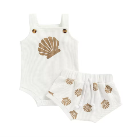 Shell Romper and Bummies Set - White Our Baby shell romper and bummies set in white, the perfect addition to your little one's wardrobe!